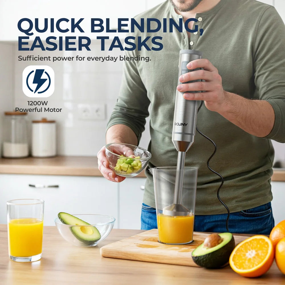 ROUNY 4-in-1 Hand Immersion Blender 1000W Powerful, Stainless Steel Stick Food Mixer,700ml Mixing Beaker,500ml Processor, Whisk Beauty World Shop