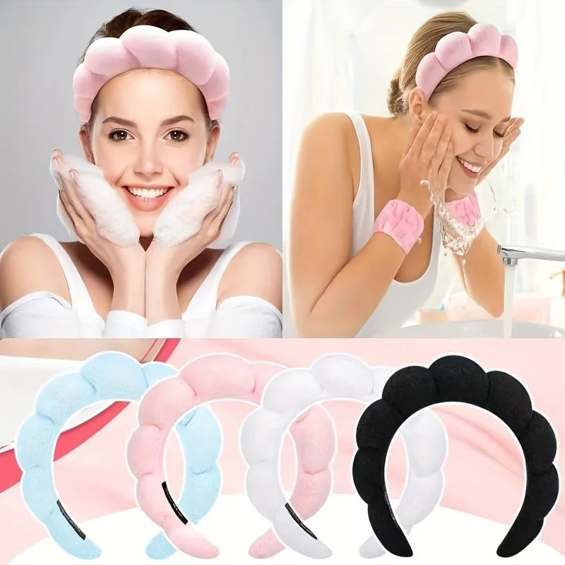 Spa Headband and Wristband Set Skin Care Headband for Wash Face Face Hair Clips for Thick Hair Cute Fluffy Sponge Bubble Makeup Beauty World Shop