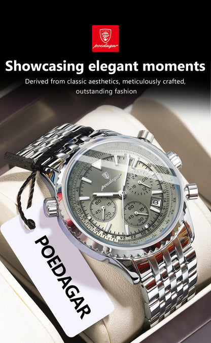 POEDAGAR Luxury Fashion Men Watch Stainless Steel Waterproof Luminous Quartz Male Clock Date Chronograph Military Men's Watches Beauty World Shop