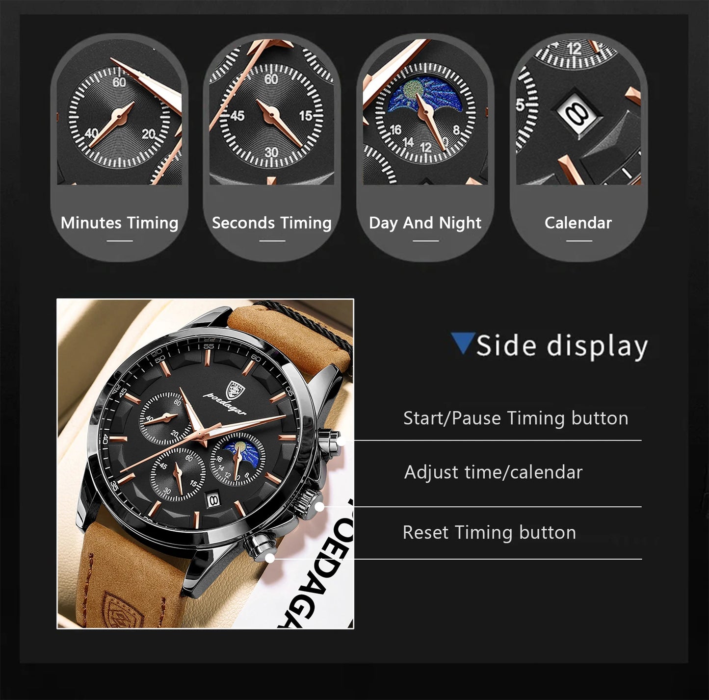 POEDAGAR Original Military Men Clock Waterproof Luminous Leather Quartz Man Watch Chronograph Date Luxury Business Men's Watches Beauty World Shop