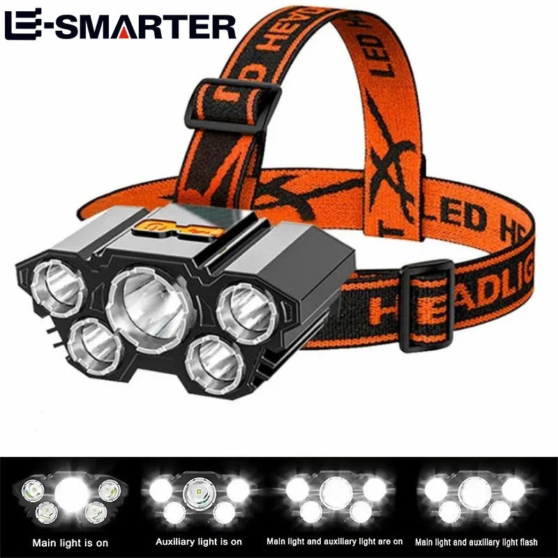 5 LED Flashlight Rechargeable with Built in Lithium Battery Strong Head Light Camping Adventure Fishing Cycling Headlamp Beauty Fashion