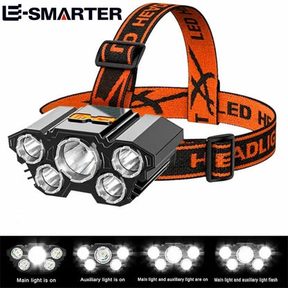 5 LED Flashlight Rechargeable with Built in Lithium Battery Strong Head Light Camping Adventure Fishing Cycling Headlamp Beauty Fashion