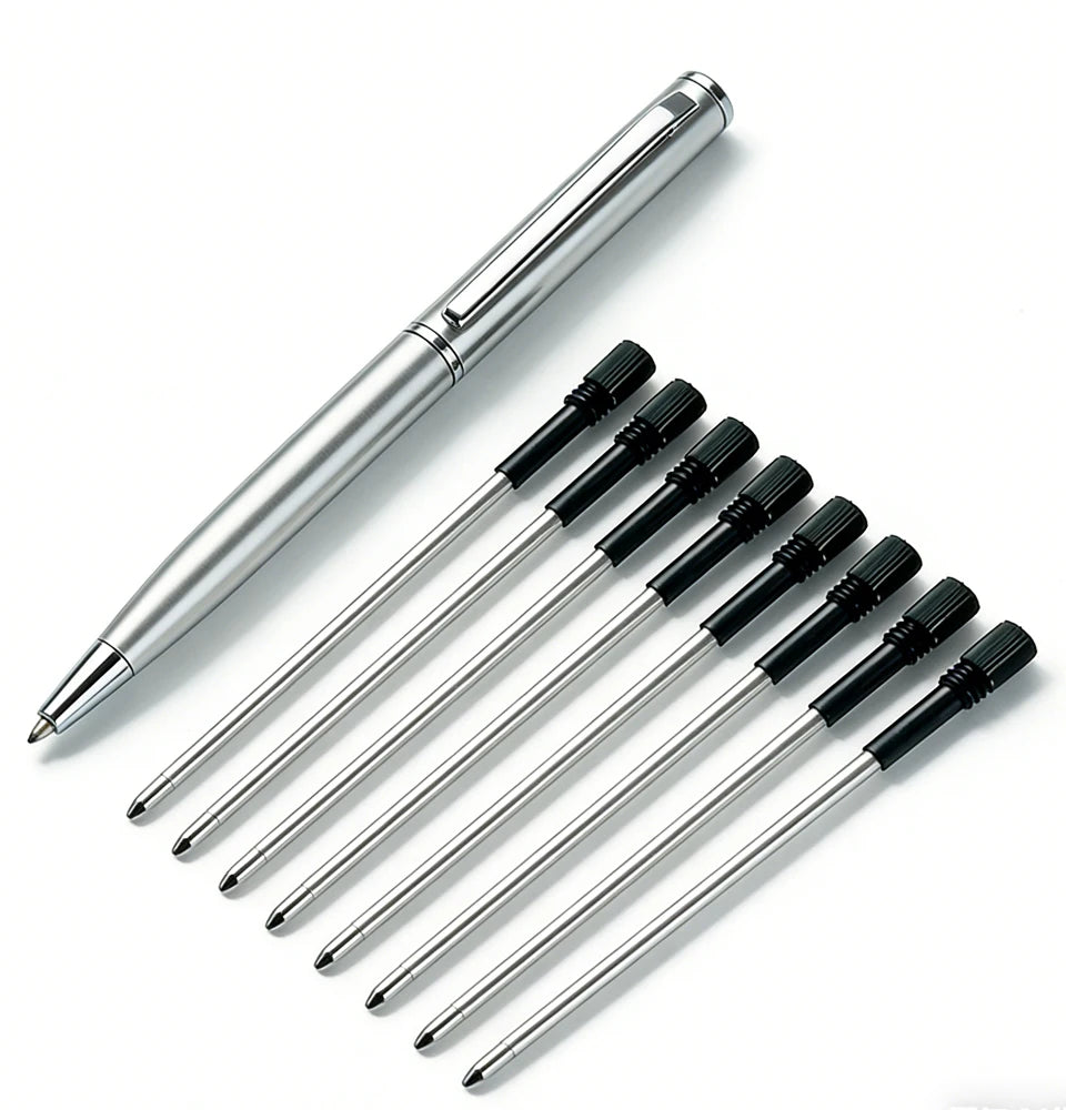 Mini Stainless Steel Metal Ballpoint Pen with 10 Replacement Refills Set, Portable Pocket Ballpen Compact Short Pen for Wallet Beauty World Shop
