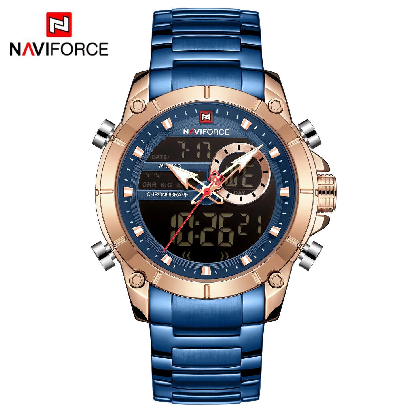 NAVIFORCE 9163 Luxury Original Sport Wrist Watch For Men Quartz Steel Waterproof Dual Display Military Watches Relogio Masculino Beauty World Shop