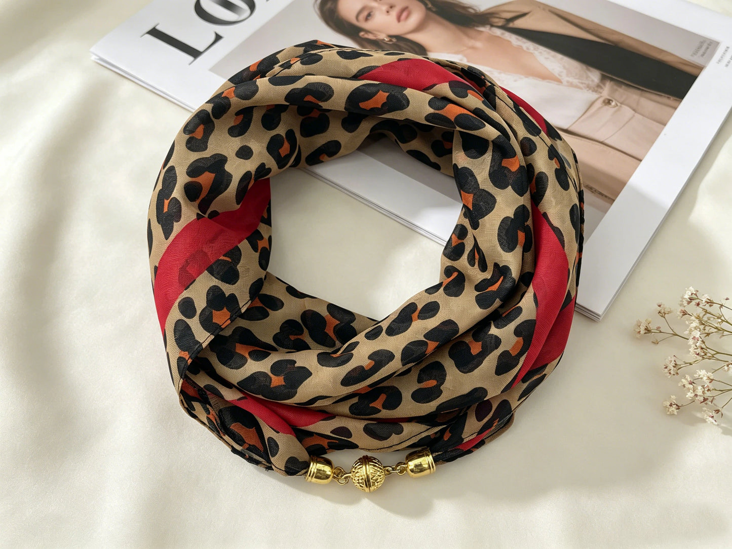 Leopard Print Magnetic Buckle Scarf, 60cm Square Thin Chiffon Neck Scarf, Quick & Easy Wear Fastening Neck Wrap,Decorative Scarf Beauty World Shop