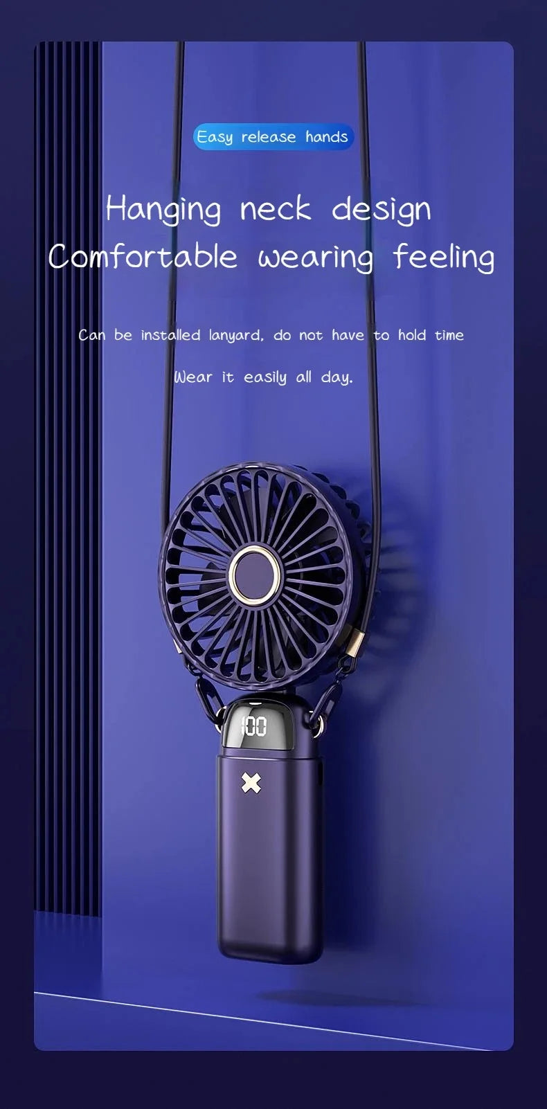 6000mAh Mini Handheld Fan 5 Speeds USB Charging Hanging Neck Fan LED Digital Display For Outdoor Sport Student Office Desk Fan