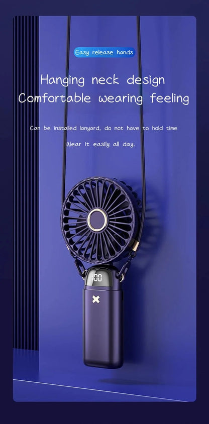 6000mAh Mini Handheld Fan 5 Speeds USB Charging Hanging Neck Fan LED Digital Display For Outdoor Sport Student Office Desk Fan
