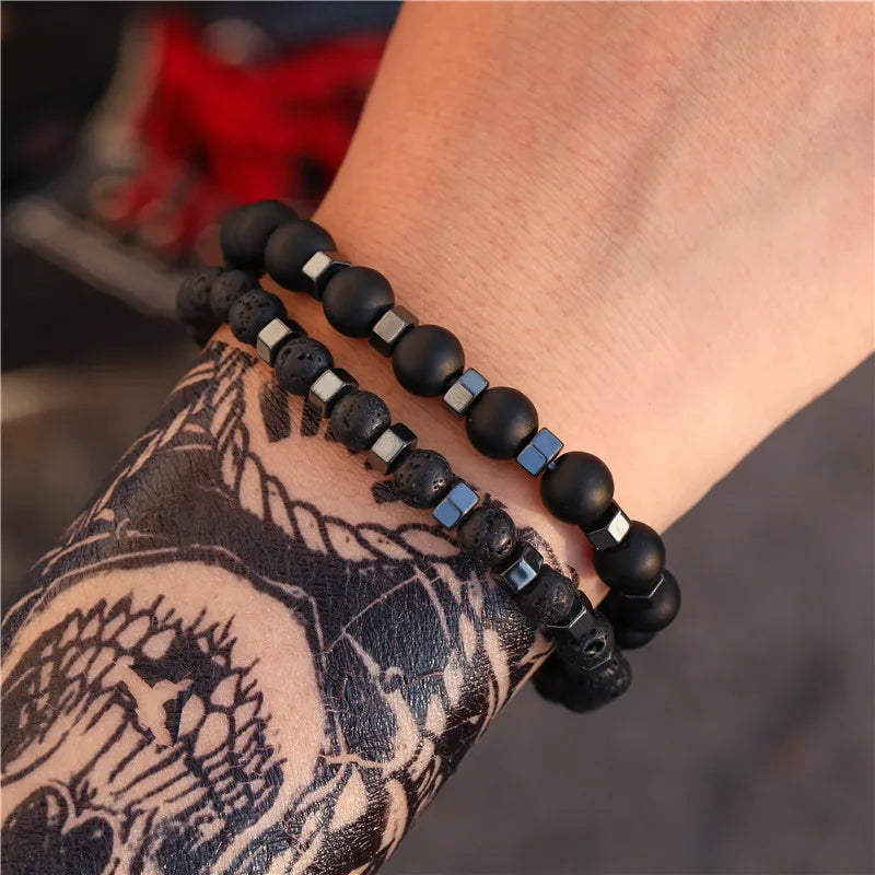 2pcs/set Beaded Bracelet Men Lava Stone Agate Tiger Eye Bead Charm Men Women Bracelet Sets Jewelry Best Gifts Pulsera Hombre Beauty Fashion