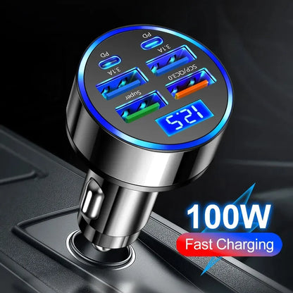 66-250W PD Car Charger QC3.0 Fast Charge One to Six Car Cigarette Lighter Plug Car Charger Flash Charge with Digital Display Beauty World Shop
