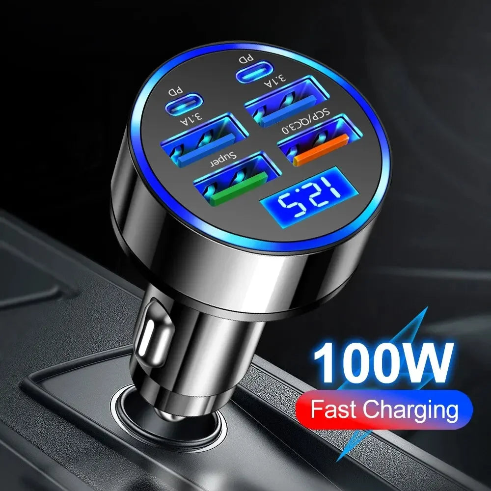 250W PD Car Charger QC3.0 Fast Charge two to Six Port Car Cigarette Lighter Plug Car Charger Flash Charge with Digital Display Beauty World Shop