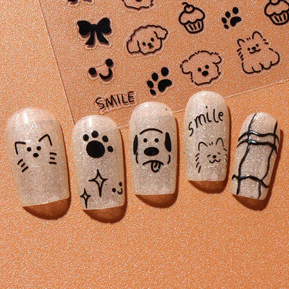 2pcs 3D Cute Silver Smile Dog Decals Y2K Cartoon Cat Footprint Nail Stickers Graffiti Star Heart Bowknot Manicure Slider Decor Beauty World Shop
