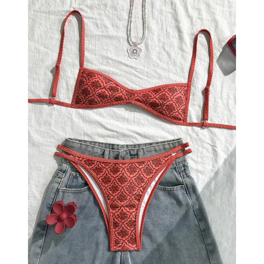 S - XL Flowers Printed High Leg Cut Bikini Female Swimsuit Women Swimwear Two-pieces Bikini set Bather Bathing Suit Swim V6965 Beauty World Shop