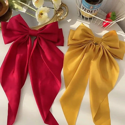 Korean Accessories Hair Clips for Women Girls Big Bowknot Solid Satin Long Ribbon Bows Spring Clamp Barette Cheveux Femme 2023 Beauty World Shop