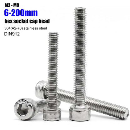 M2 M2.5 M3 M3.5 M4 M5 M6 M8 Over Ultra Long 200mm 304 A2-70 Stainless Steel DIN912 Allen Hexagon Hex Socket Head Cap Bolt Screw Beauty World Shop