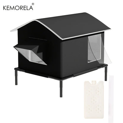 KEMORELA Elevated Pet House-Bed with Cooling Pads, Moisture-Proof Design for Indoor/Outdoor Use, Fits Small/Medium Pets