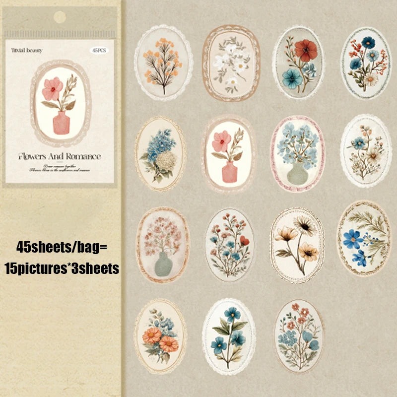 Mr. Paper 45pcs Serene Florals Sticker Pack - Boxed Flower Theme Collection, DIY Journal Collage Decor Set, Literary Stationery Beauty World Shop