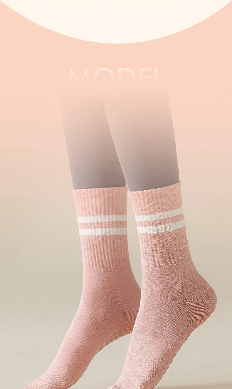 1 pair of women's yoga socks, skipping rope sports socks, Pilates indoor anti slip floor socks, double bar mid leg socks Beauty World Shop