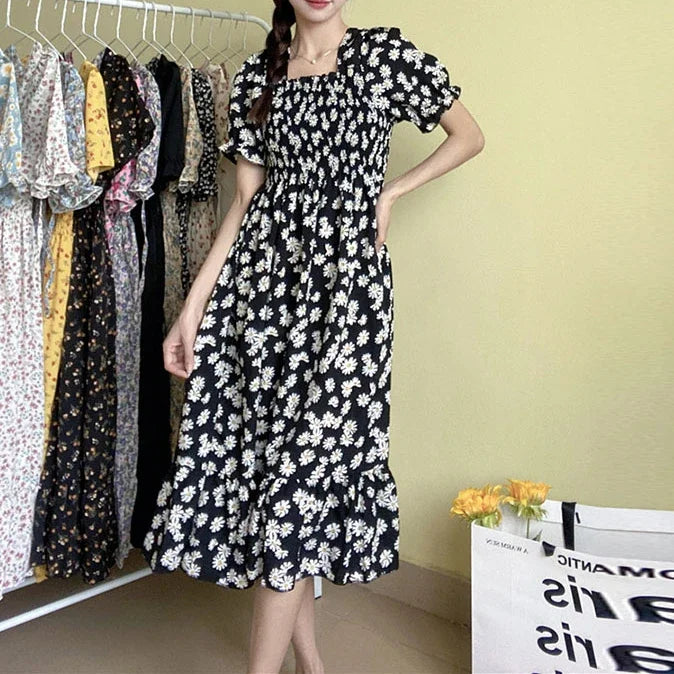 Spring Summer Elastic Waist Chiffon Dress Women Casual Dresses Fashion Female  Vestidos Short Sleeve Pleated A-line Dresses Beauty World Shop
