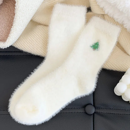 Autumn And Winter Socks, White Mink Fur Christmas Socks, Snowman Santa Claus Christmas Tree Elements, Thickened Warm Socks Beauty World Shop