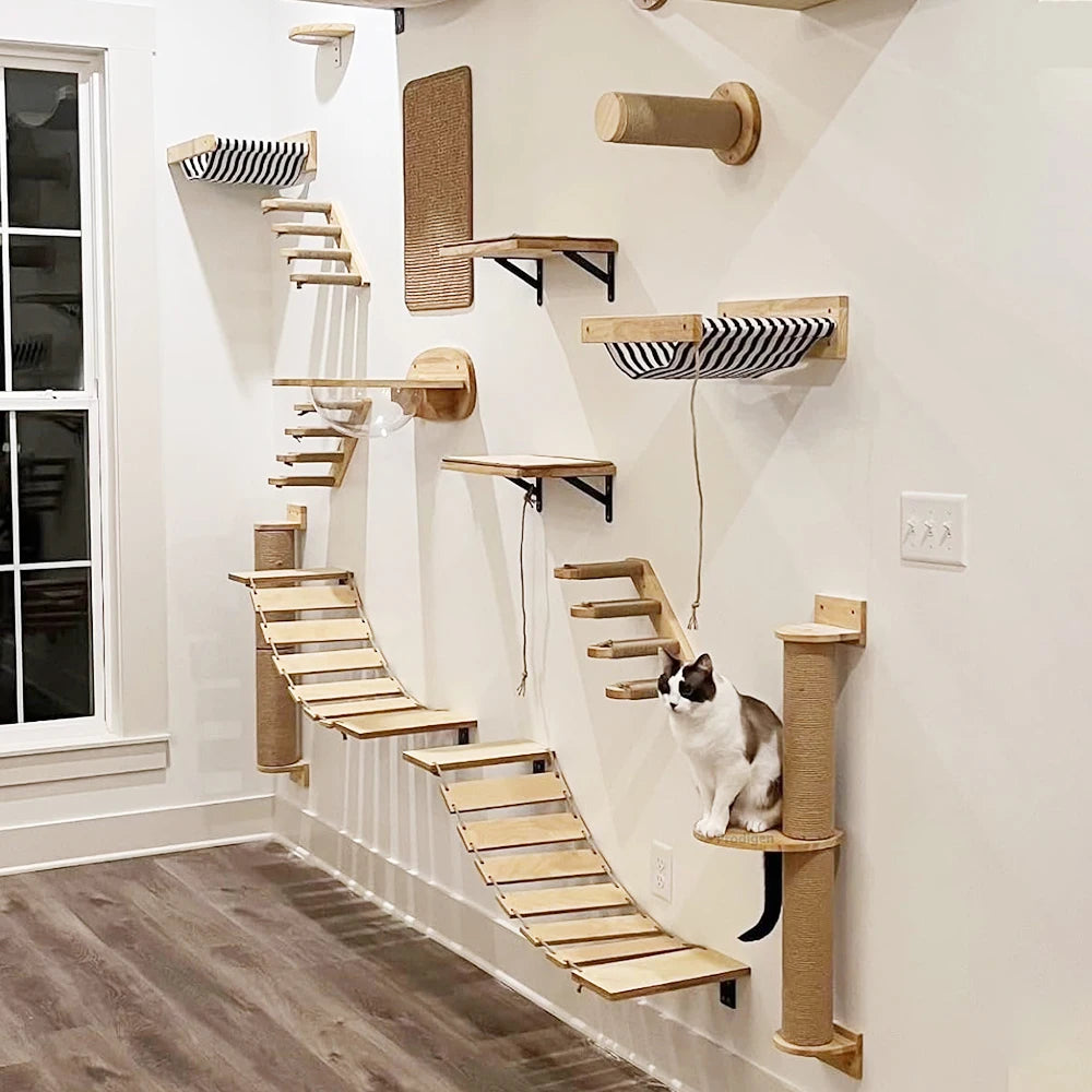 Cat Wall Climbing Shelf Steps Ladder Scratching Post Scratcher Bed Hiding House for Cats Tree Tower Pet Furniture Accessories Beauty World Shop