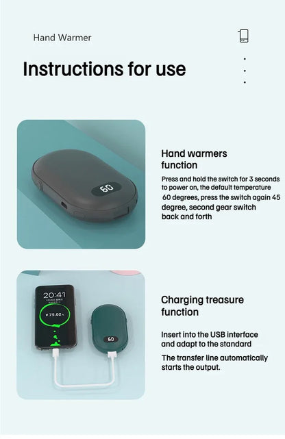 USB Rechargeable Hand Warmer Power Bank 2-In-1 Mini Electric Heater High-Capacity Pocket Warmer For Cold Weather Winter Gift Beauty World Shop