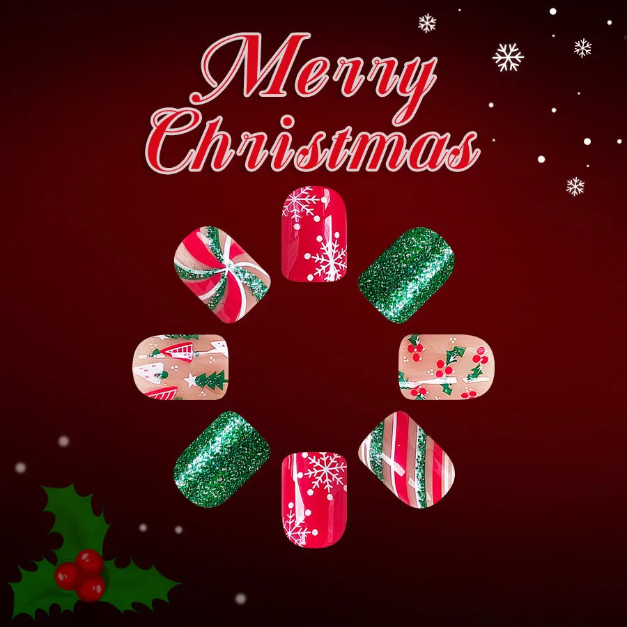 Short Square Glossy Press On Nails 24Pcs Christmas 2025 New Design Snowflake Tree Stripes Red Green Glitter Beauty World Shop