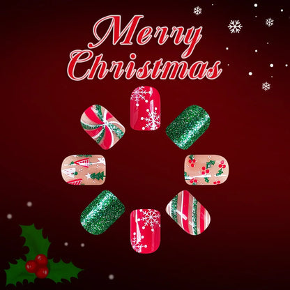 Short Square Glossy Press On Nails 24Pcs Christmas 2025 New Design Snowflake Tree Stripes Red Green Glitter Beauty World Shop