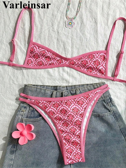 S - XL Flowers Printed High Leg Cut Bikini Female Swimsuit Women Swimwear Two-pieces Bikini set Bather Bathing Suit Swim V6965 Beauty World Shop