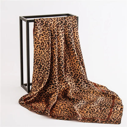 90cm Leopard Print Satin-Finish Scarf - Lightweight Simulated Silk Square for Women Spring Summer Versatile Chic Beauty World Shop