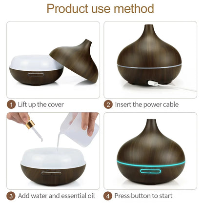 Air Humidifier Aromatherapy Essential Oil Diffuser Wood Grain 500ml Ultrasonic Remote Control 7 Color Lights For Home Bedroom ﻿ Beauty World Shop