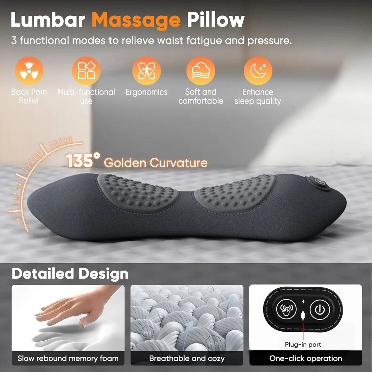 Heating Vibration Massage Pillow Electric Lumbar Support Pad Bed Sleeping Waist Protection Cushion Lying Flat Waist Pain Relief Beauty World Shop