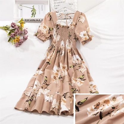 Spring Summer Elastic Waist Chiffon Dress Women Casual Dresses Fashion Female  Vestidos Short Sleeve Pleated A-line Dresses Beauty World Shop