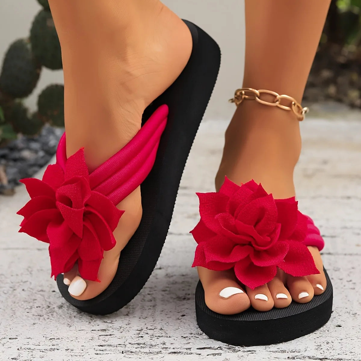 Women's Floral Flip Flops SlipOn Vacation Style Mid Heel Sandals Fabric Upper EVA Sole Insole Solid Color Summer Casual Footwear Beauty World Shop