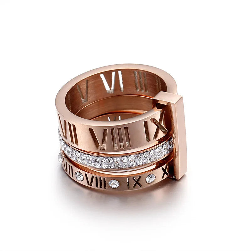 Three Layers Roman Numerals Ring for Women Luxury Stainless Steel Rotatable Crystal Finger Rings Female Wedding Trendy Jewelry Beauty World Shop