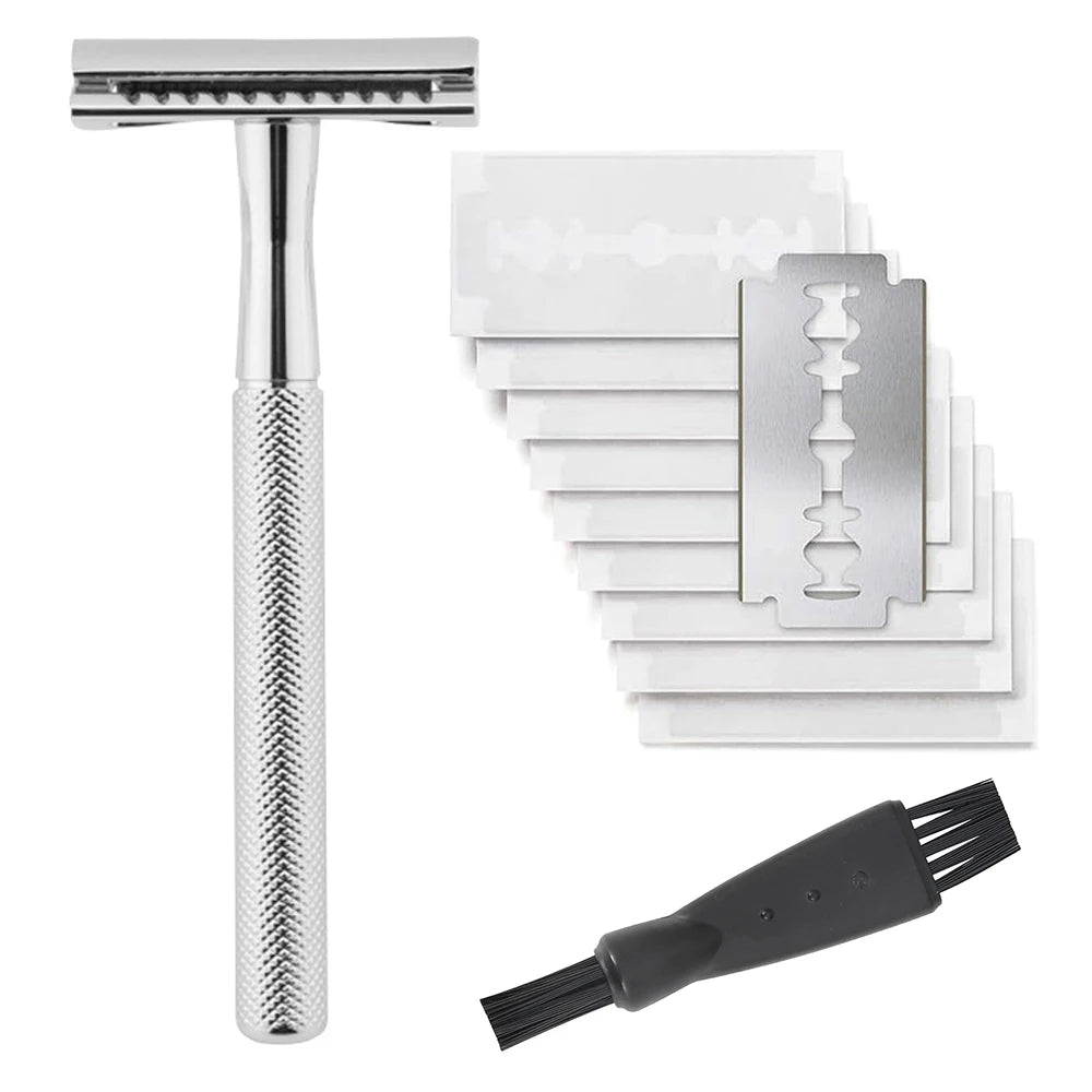 Safety Razor with Brass Weighted Handle and 5 Double Edge Safety Blade Refills,Single Blade Razor for Men, Designed for Coarse Beauty World Shop