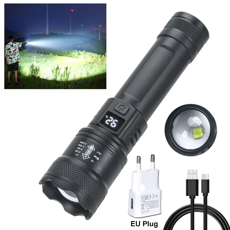 High Strong Power Led Flashlights 2000LM Tactical Torch with Display Light USB Charging Camping Fishing Emergency Zoom Lantern Beauty World Shop