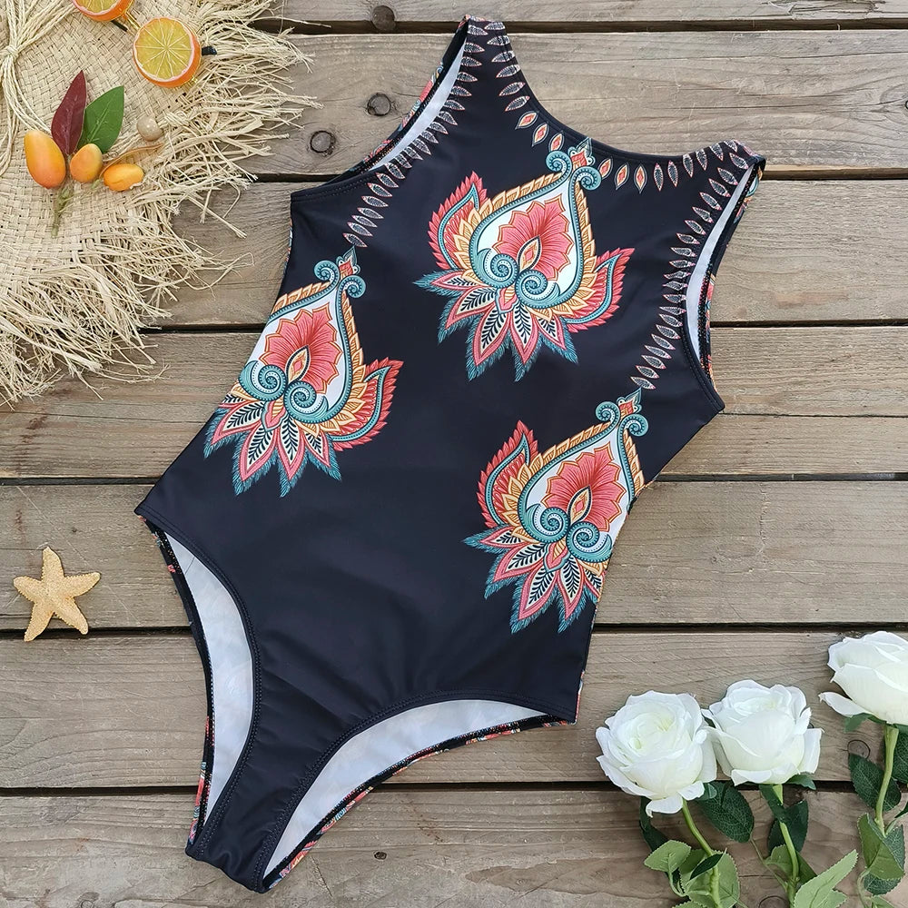 2026 New Printed One-piece Swimsuit Classic Printed Lace Up Swimsuit Women's Push Up Flower One-piece Suit Beach Wear For Female Beauty World Shop