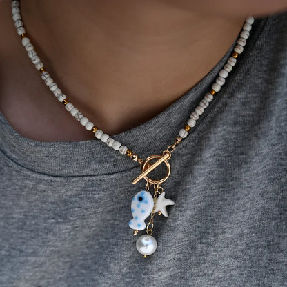 Bohemian Sea-Inspired Ceramic Fish & Starfish Pendant Necklace Dopamine Rainbow Color Beads Necklaces Beach Jewelry Beauty Trend Shop
