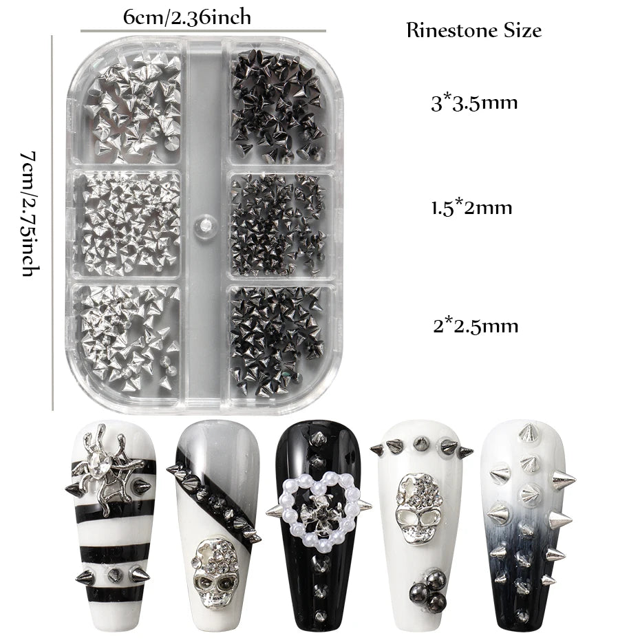 6Grids Metallic Rivet Punk Nail Charm Gold/Silver/Black Cone Spike Studs Nail Art Jewels Aolly Mini Rivet Studs Nail Supplies Beauty World Shop