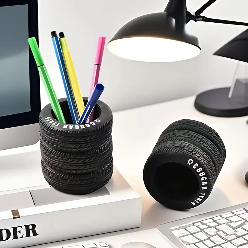 1pcs Fun Tire-Shaped Pen Holder -PVC Desk Organizer, Ideal for School and Office Supplies, Painted Finish, Office Supplies Beauty World Shop