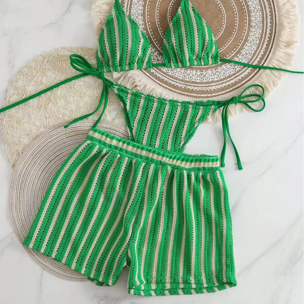 2026 new style boxer shorts mesh three-piece women's swimsuit neck lace-up bikini set Beauty World Shop