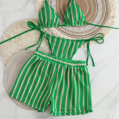 2026 new style boxer shorts mesh three-piece women's swimsuit neck lace-up bikini set Beauty World Shop