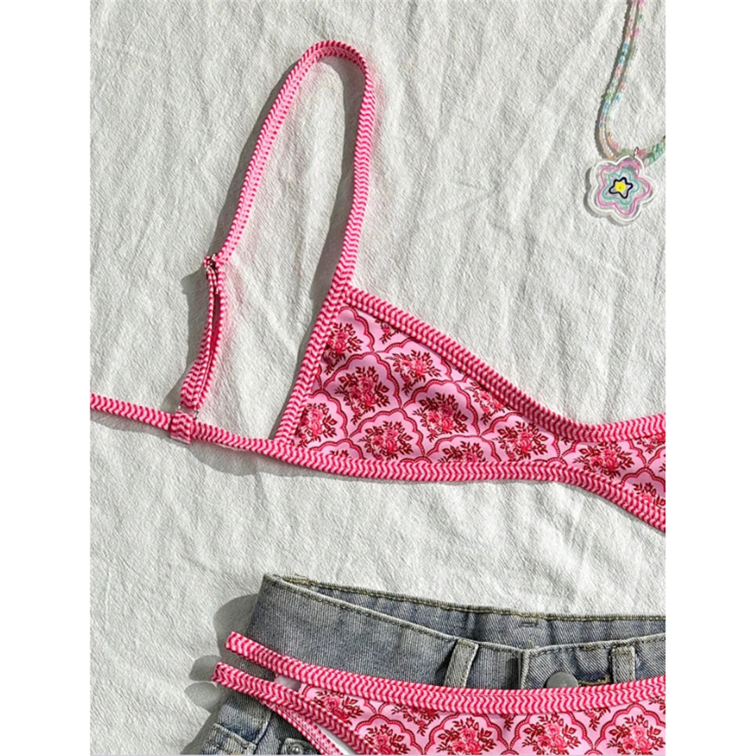 S - XL Flowers Printed High Leg Cut Bikini Female Swimsuit Women Swimwear Two-pieces Bikini set Bather Bathing Suit Swim V6965 Beauty World Shop