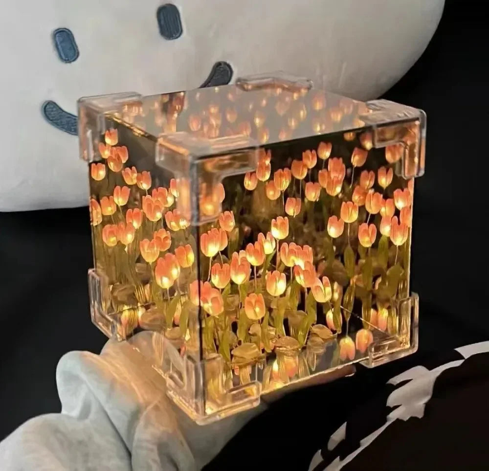 Creative Diy Tulip Flower Sea Cube Three-Dimensional Small Night Lamp Material Package for Girlfriend Couple Girlfriends Beauty World Shop