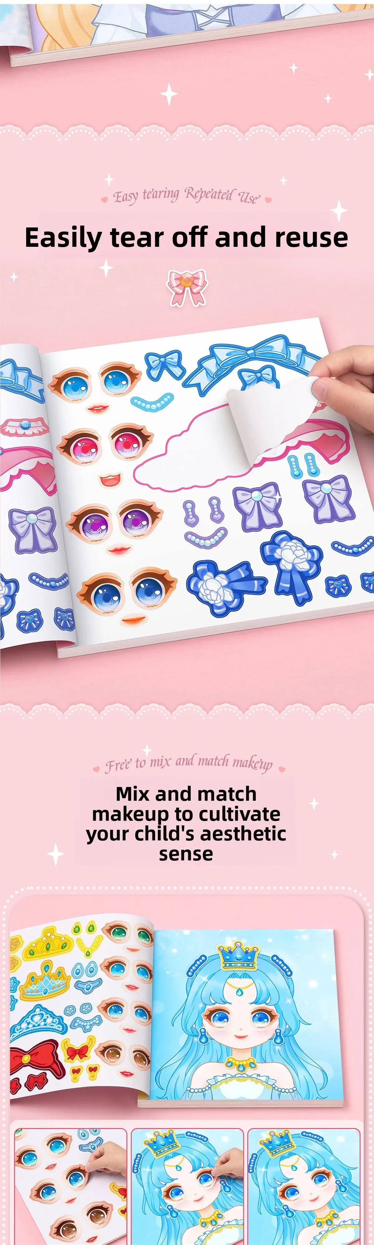 Stickers Book Handicrafts Creative Kids Stickers 15 Pages Toy Puzzle Reusable for Girls Cartoon Princess Make A Face Stickers Beauty World Shop
