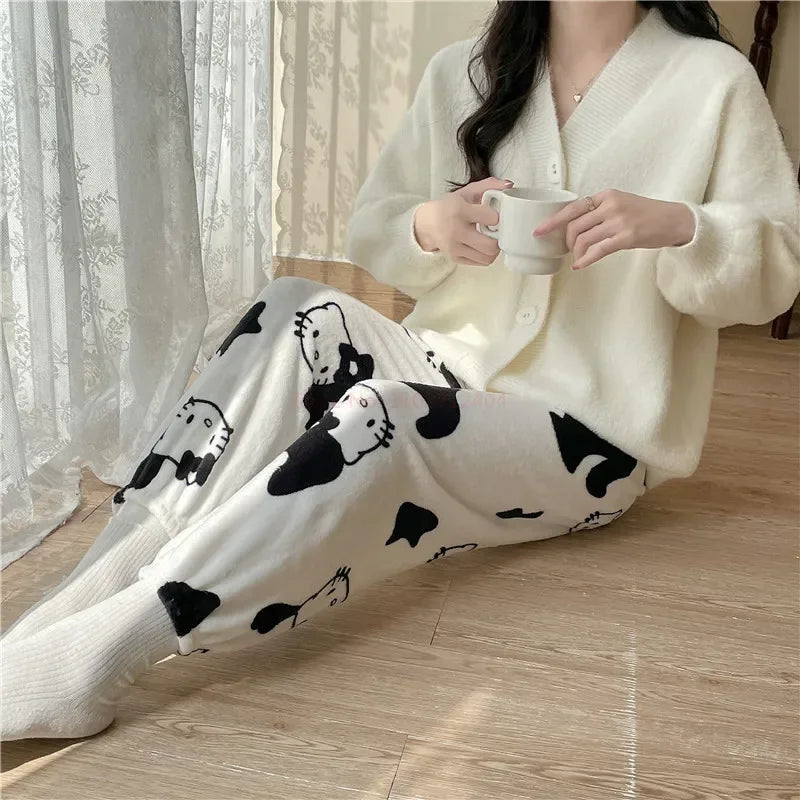 2024 Sanrio Hello Kitty Pajamas Halloween Flannel Fashion Trouserswomen Kawaii Woolen Anime Cartoon Casual Home Pants Autumn Beauty Fashion