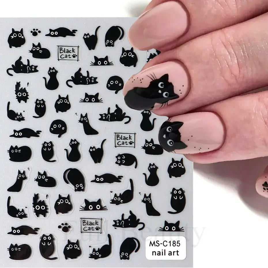 2pcs Black Cat Nail Stickers 3D Cute Cartoon Animal 3D Self-Adhesive Nail Art Decals Sliders Decorations Manicure Accessories Beauty World Shop