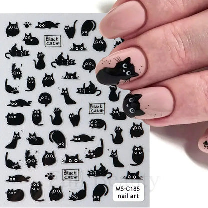 2pcs Black Cat Nail Stickers 3D Cute Cartoon Animal 3D Self-Adhesive Nail Art Decals Sliders Decorations Manicure Accessories Beauty World Shop