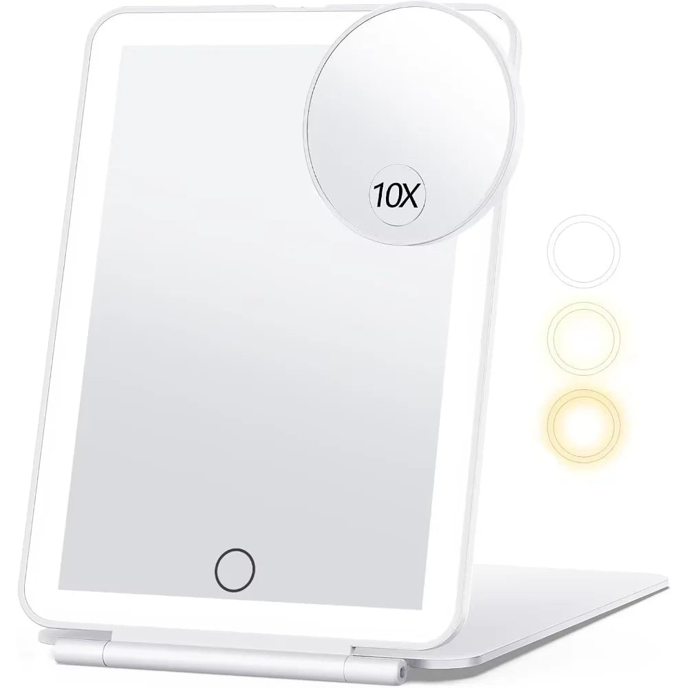 LED Folding Travel Makeup Mirror 3 Colors Light Modes USB Rechargeable Touch Screen Portable Tabletop Cosmetic Mirror Beauty World Shop