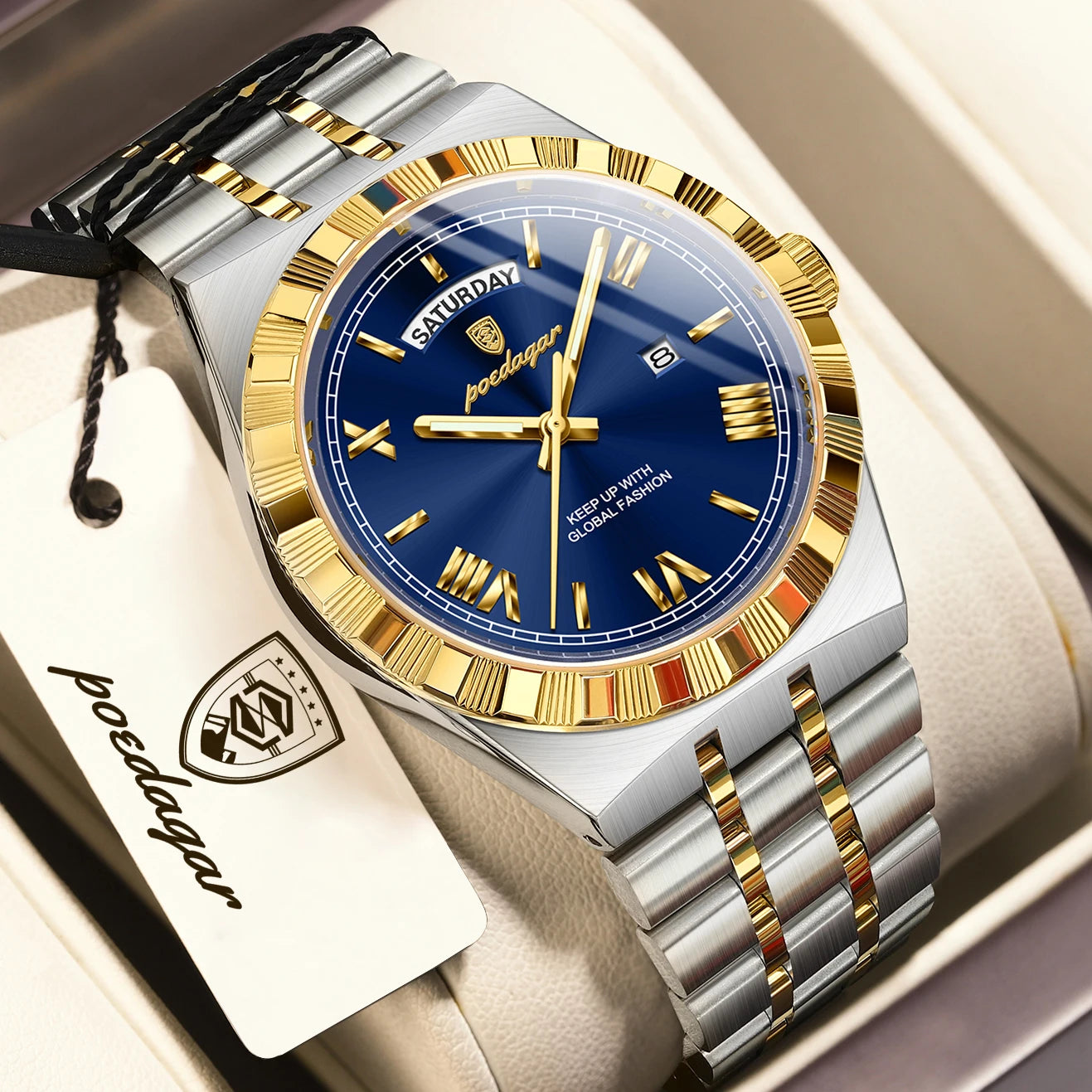 POEDAGAR Fashion Business Men's Watch Luminous Waterproof Week Date Luxury Man Wristwatch Stainless Steel Quartz Watches For Men Beauty World Shop